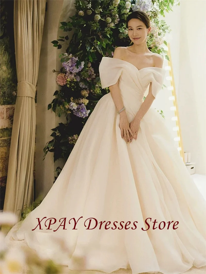 XPAY Modern Silk Organza A Line Wedding Dresses Korea Photo shoot Off Shoulder Sweep Train Bridal Gowns Corset Back Customized