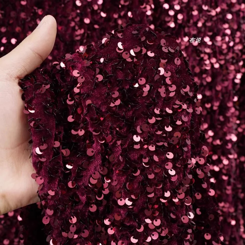 

Jujube Red Glitter Elastic Velvet Fabric for High-density Starry Sparkling Designer Fashion Apparel Diy Sewing Fabrics Cloth