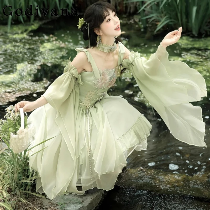 

Girl Lolita Summer Chinese Green High Waist A-line Suspender Dress Elegant Slash Neck Versatile Age Reduction Irregular Dresses