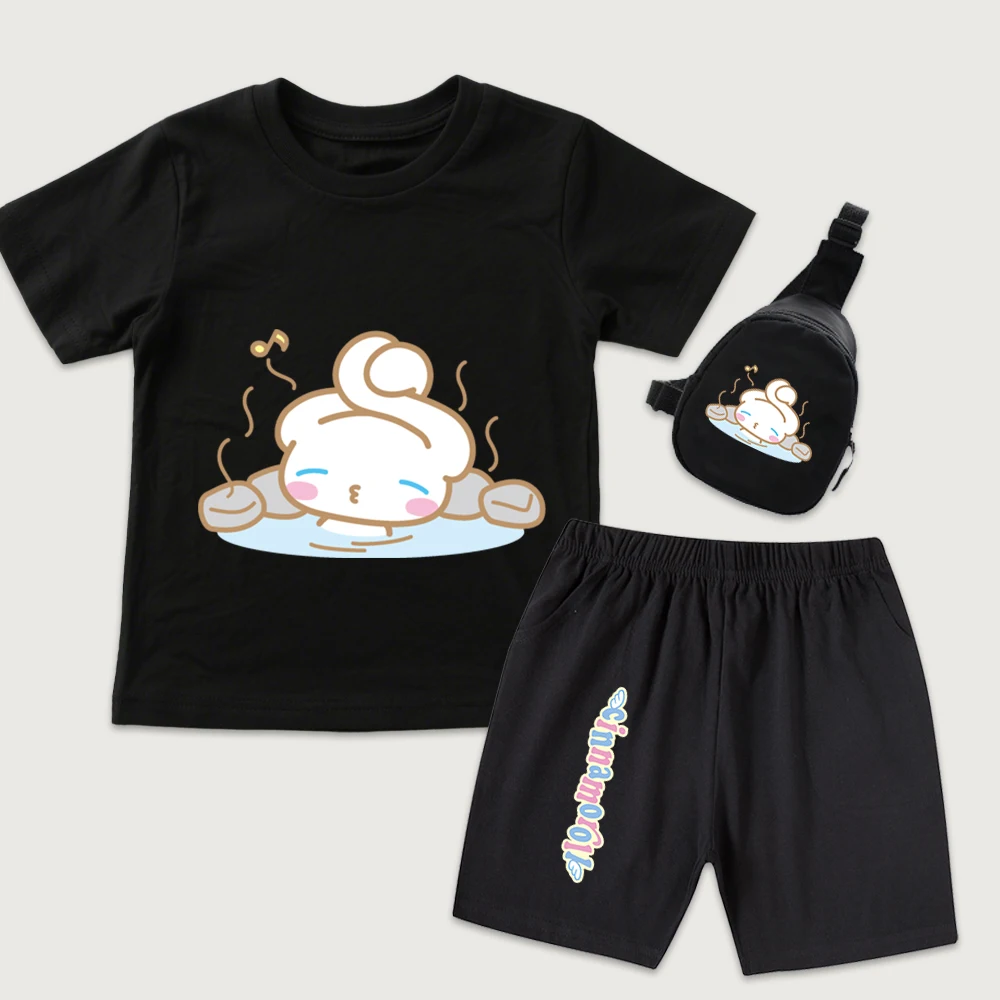 

Хлопковая футболка с принтом Cinnamoroll Hot Spring Relax, шорты, мини-сумка на грудь, комплект из 3 предметов для детей, летняя одежда для мальчиков и девочек