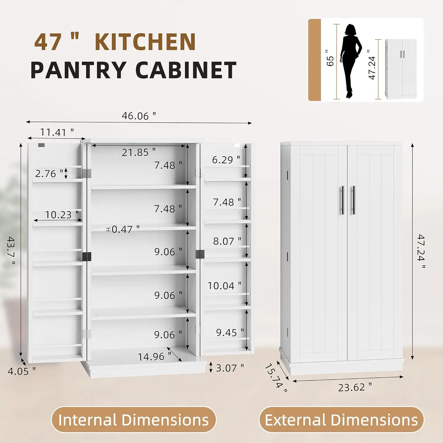 Armoire de garde-manger, armoire de rangement de cuisine avec étagères réglables, supports et portes, huche de cuisine autoportante, planche Chi