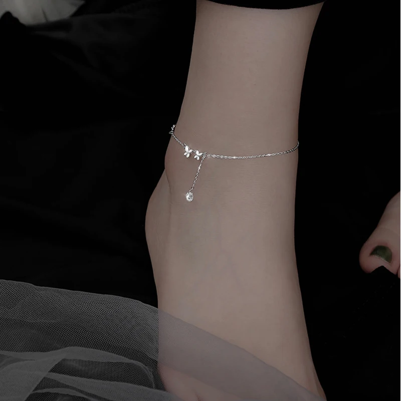 Sam panda 925 Sterling Silver Butterfly Anklet dla kobiet Delikatna bransoletka z frędzlami z cyrkoniami Biżuteria letnia — zdjęcie 5
