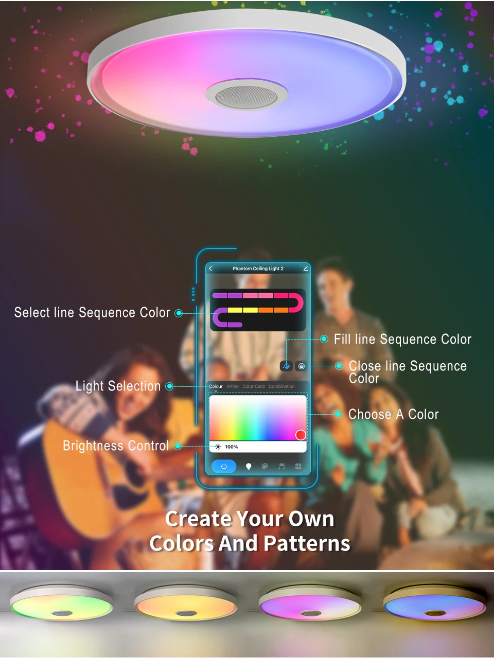 Intelligente RGB LED-Deckenleuchte mit Bluetooth-Lautsprecher Tuya APP Fernbedienung Dimmbare Moderne Musikleuchte für Wohnzimmer Schlafzimmer – Detail 3