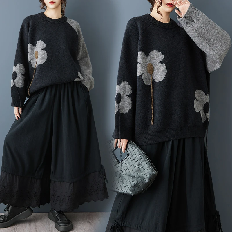 Black Short Sleeve Long Sleeve Knitted Sweater Autumn Winter Loose Fit Floral Patterned Overhead Design Rabbit Velvet Material