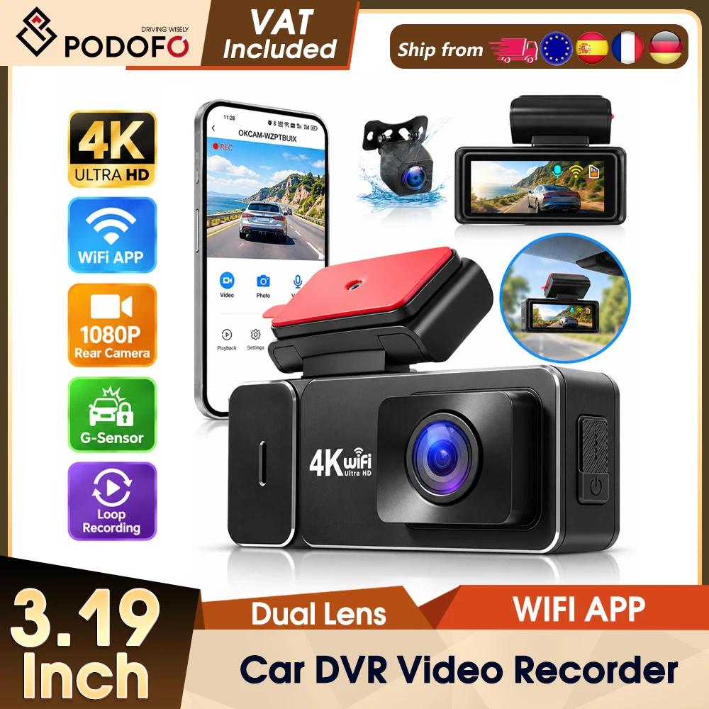 Podofo 3,19'' 4K HD Videoaufzeichnung mit Zykelfunktion 170 °   Dashcam mit Weitwinkelobjektiv, Auto-DVR-Kamera, Nachtsicht, Parküberwachung, Videorekorder mit Loop-Aufnahme, Rückfahrkamera,