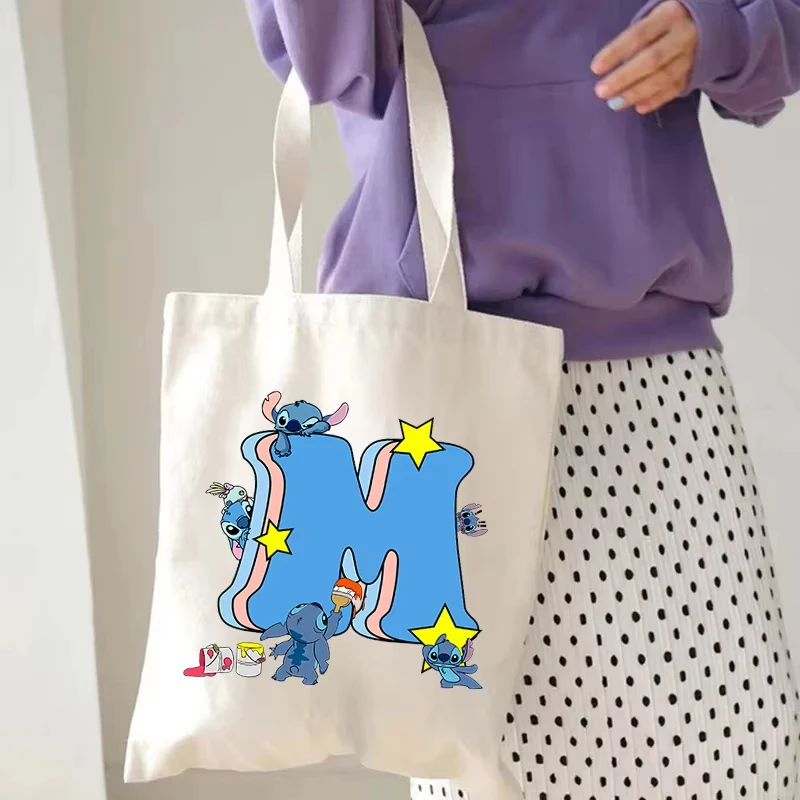 Disney Lilo Stitch Tas Kanvas Wanita Tas Bahu Gadis Kartun Lucu Tas Belanja Ringan Portabel Tas Belanja Perjalanan Wanita
