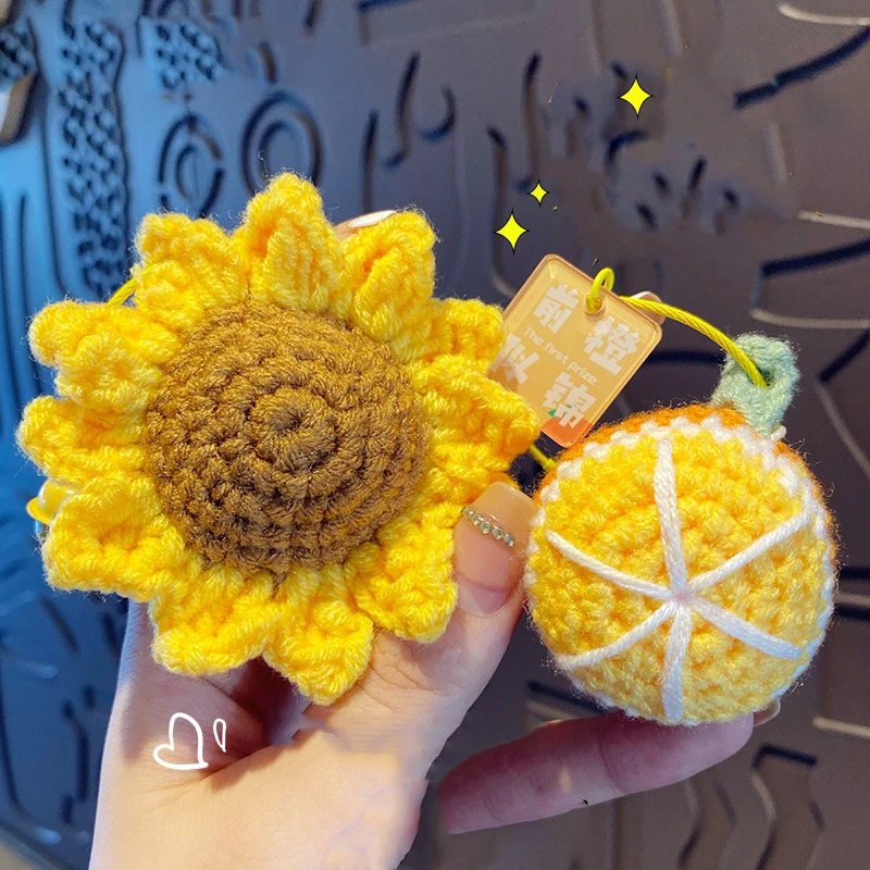 Creative Hand-Woven Woolen Sunflower Pendant Keychain Keys Female Cute DIY Fruit Persimmon Charm Keyring Bag Hanging Ornament