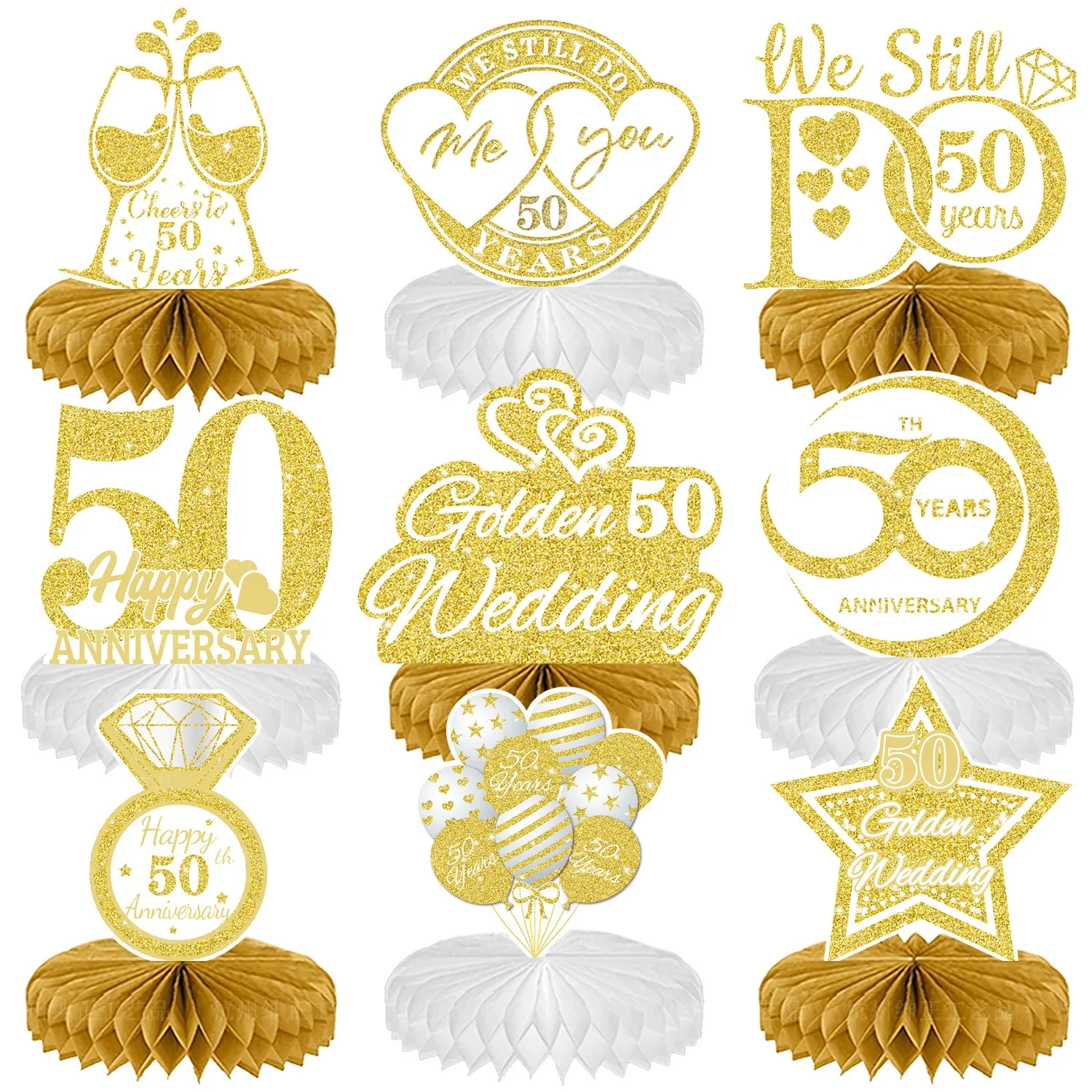 

Gold Wedding 50 Years Anniversary Honeycomb Ornaments 9Pcs/set Gold Happy 50 Wedding Party Decoration 50years Wedding Ornaments