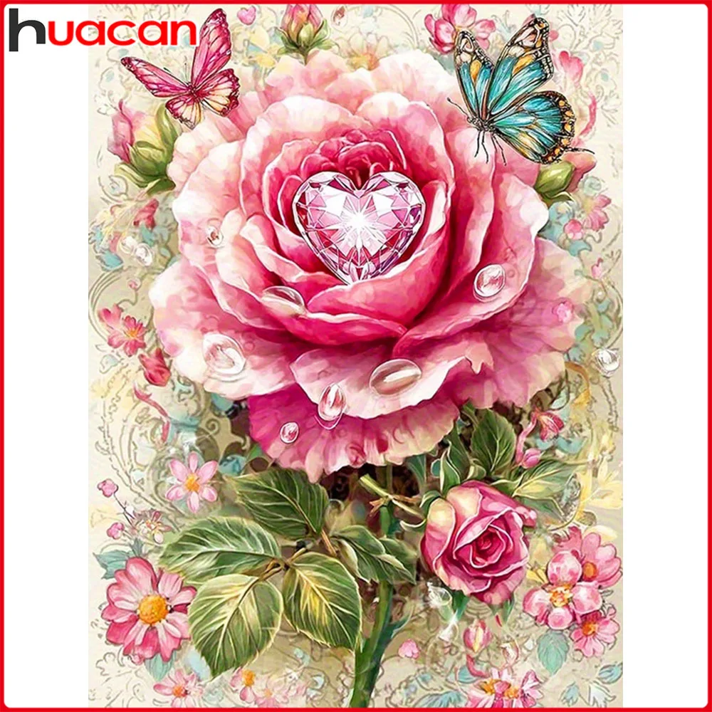 Huacan DIY Diamantmalerei Rose Herz Schmetterling Diamantstickerei Blumen Komplettset Dekorative Gemälde