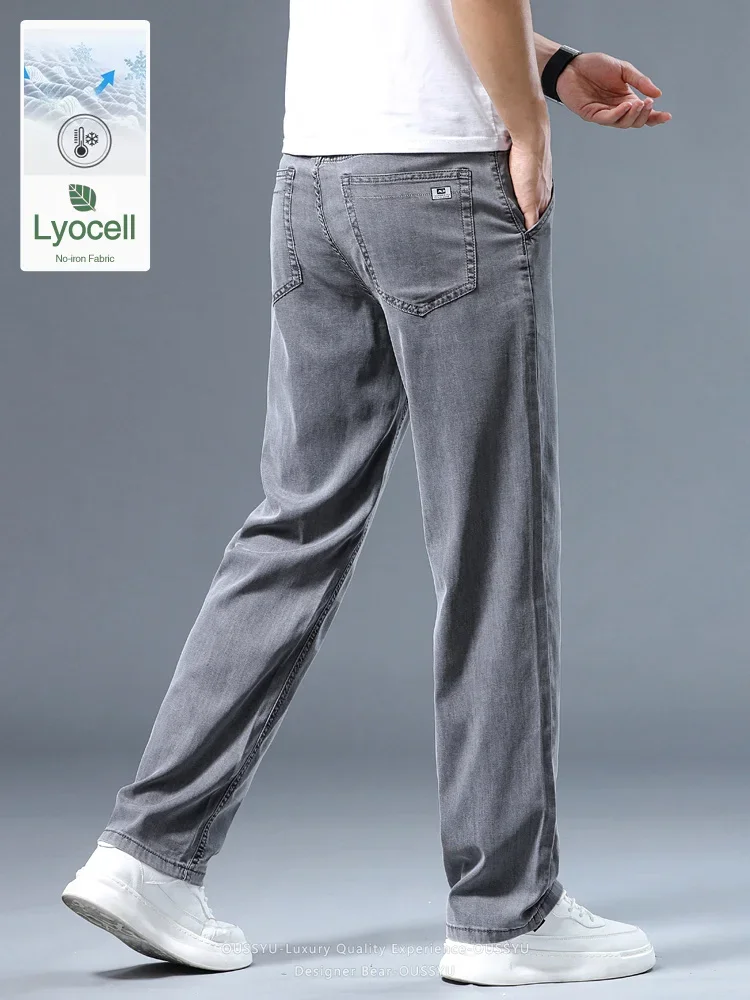 Sommerliche, dünne, lockere Herrenjeans aus Lyocell, weich fallende Business-Casual-Hose, rauchgrau, Eisseidenhose, Übergröße 40 42