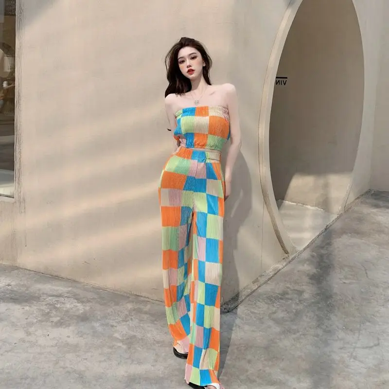 

Hong Kong Retro Suit Female Summer Sexy Contrast Plaid Tube Slimming Sleeveless New Top Women Loose Wide-leg Pants Two-piece Set