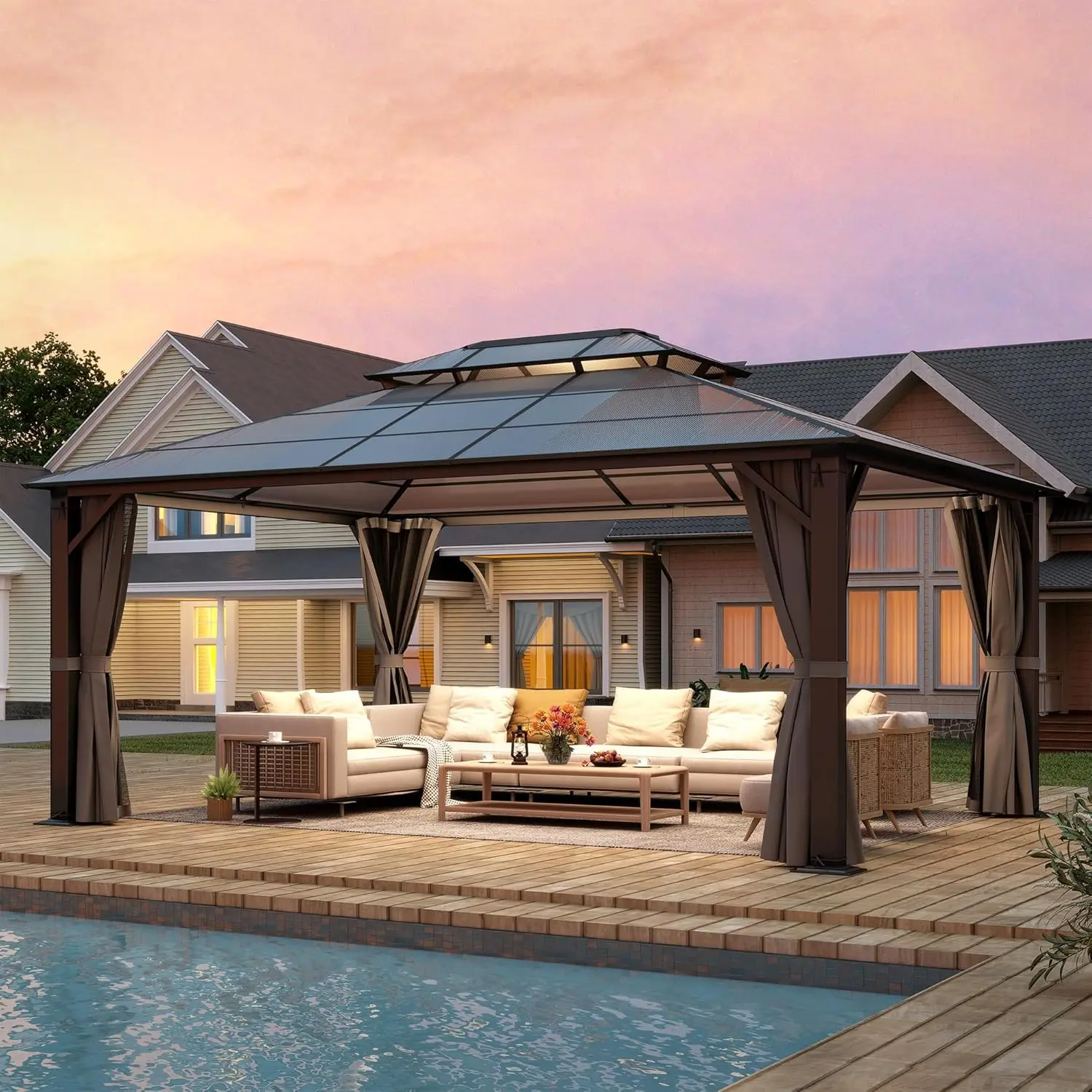 

Беседка с жесткой крышей 12' x 16', уличная беседка с двойной поликарбонатной крышей и металлическим каркасом, перманентный павильон, на заказ