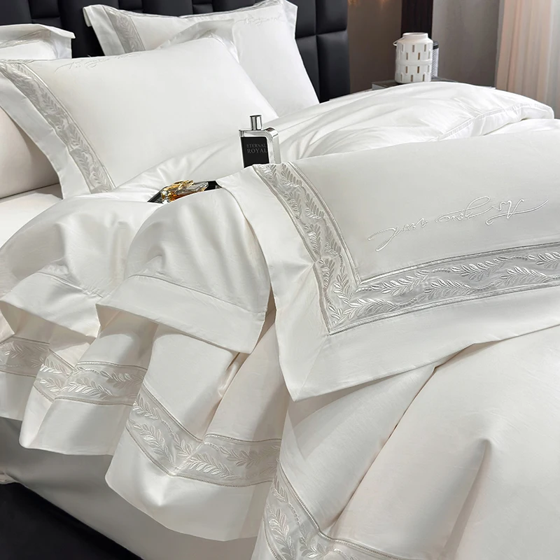 

600TC Egyptian Cotton Luxury Embroidery Solid Color Bedding Set Queen King Duvet Cover Bed Sheet/Fitted Sheet Pillowcases 4Pcs