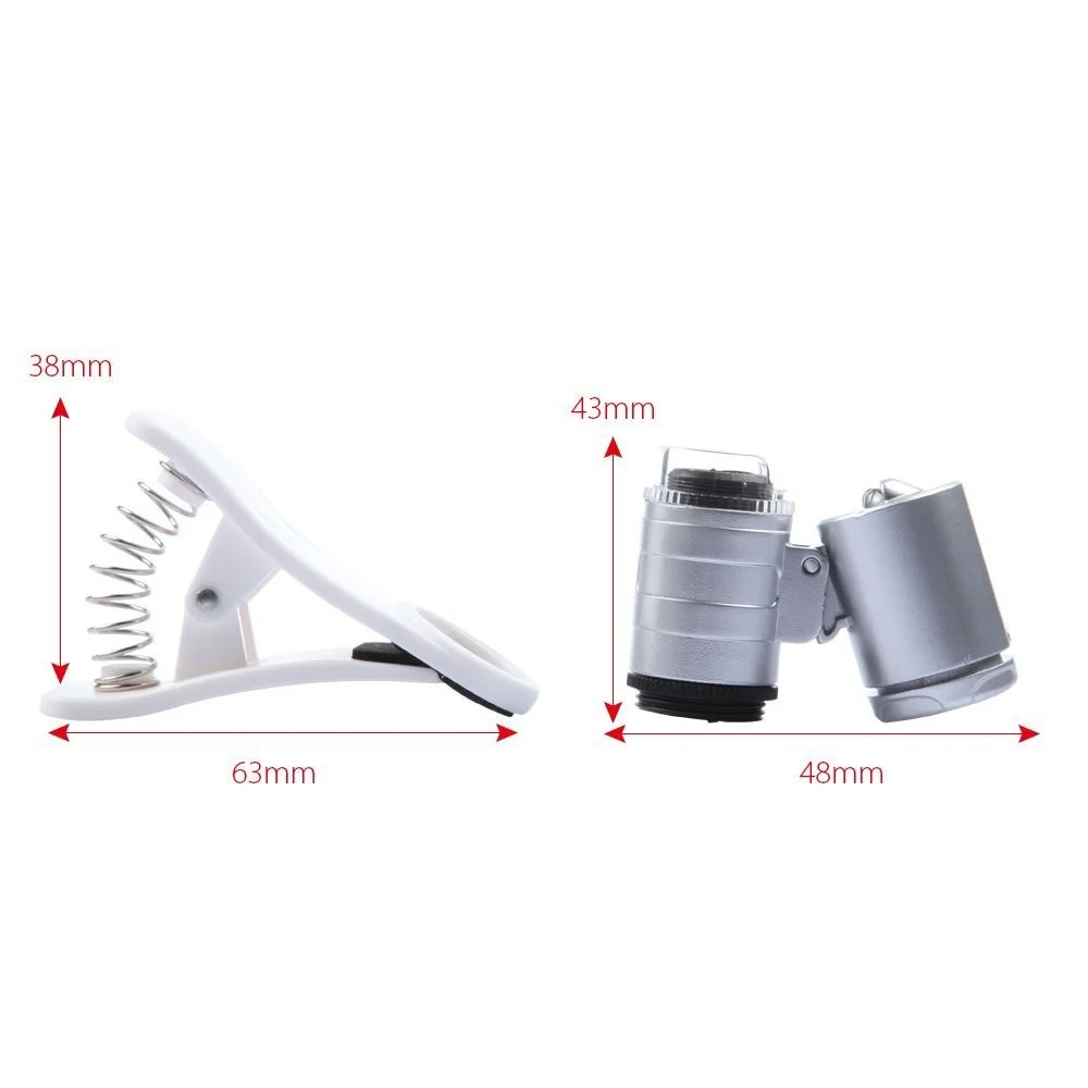 60X Clip-On Phone Camera Magnifier Silver Portable Mini Microscope with LED/UV Lights for Universal Smartphone