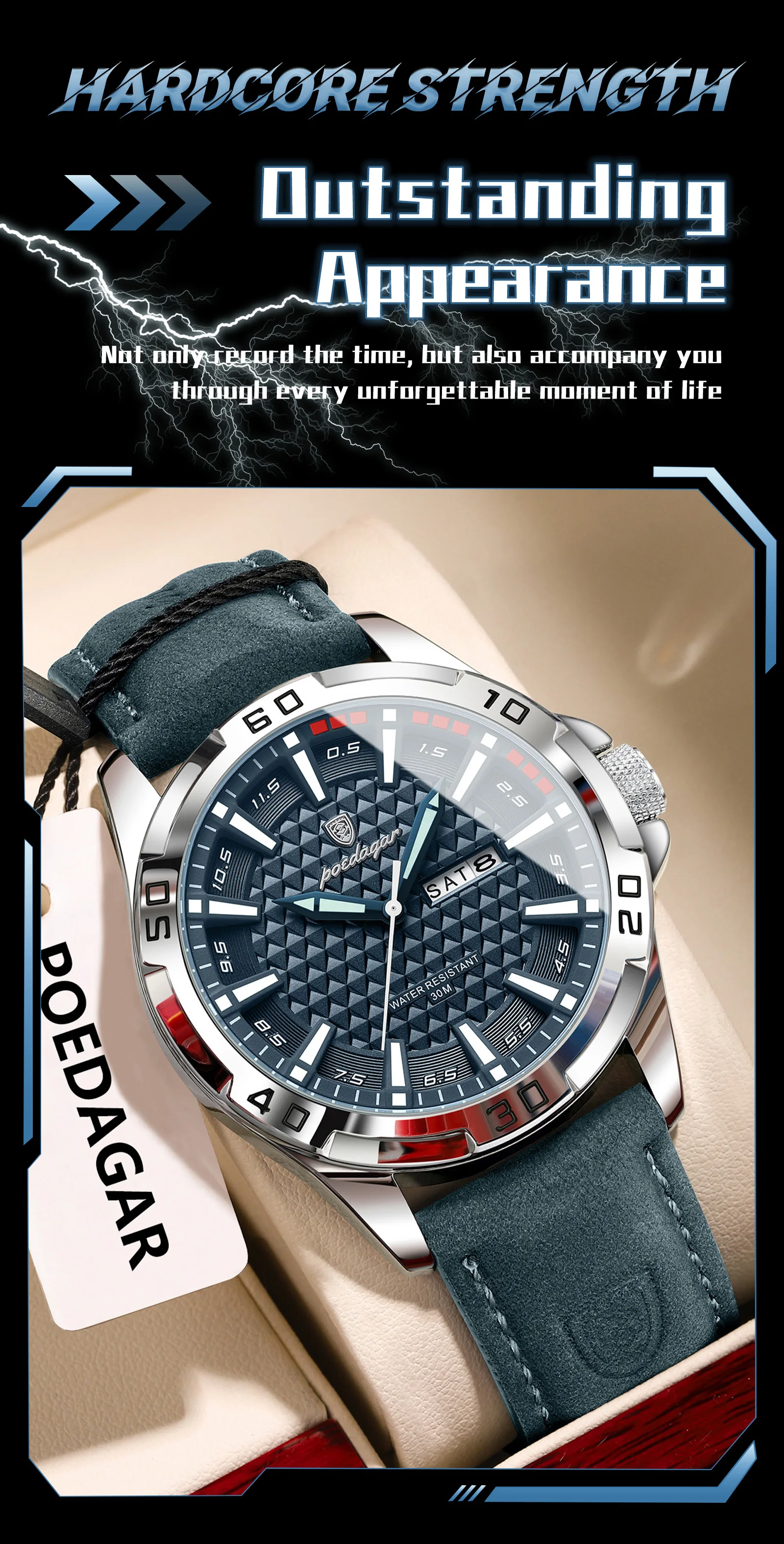 POEDAGAR Original Männer Uhr Luxus Wasserdicht Leucht Datum Woche Uhr Für Mann Quarz Leder Mode herren Uhren Reloj Hombre – Detail 7
