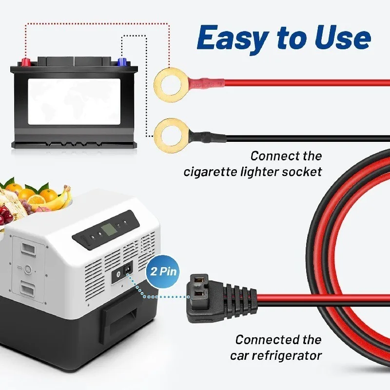 12AWG DC Power Cord Harness with O-type Terminal Adapter for Car Refrigerators Plug Cable for Portable Automotive Refrigerators
