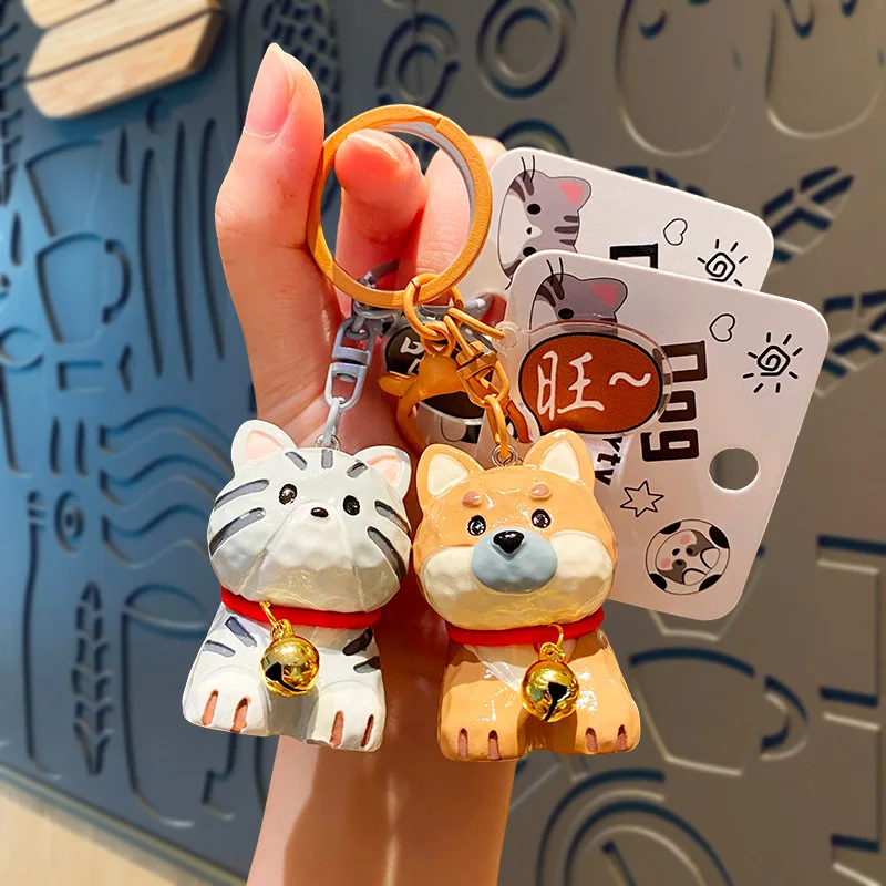 Cartoon Wood Carved Pet Schnauzer Gold Bells Red Collar Key Chain Cute Animal Orange Shiba Inu Grey Striped Cat Doll Keyring