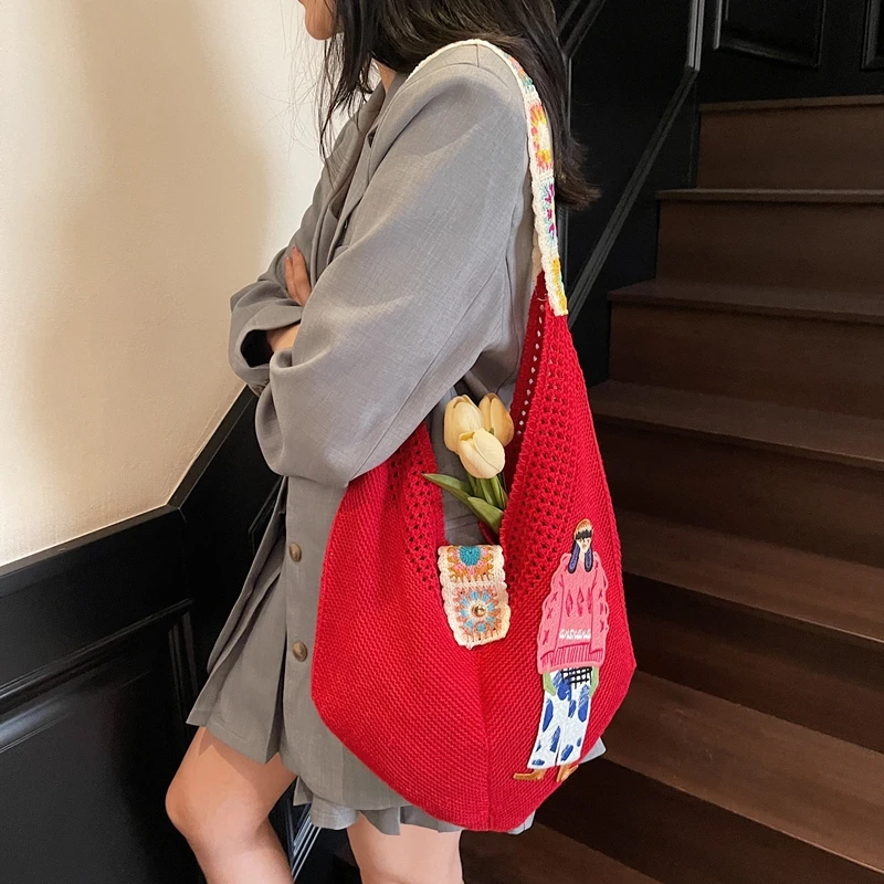 

Ele Embroidered Knitted Woolen Beach Bag Large Capaci Lazy Sle Women's Tote Bag Casual Dumpling ape Fabric Handbag