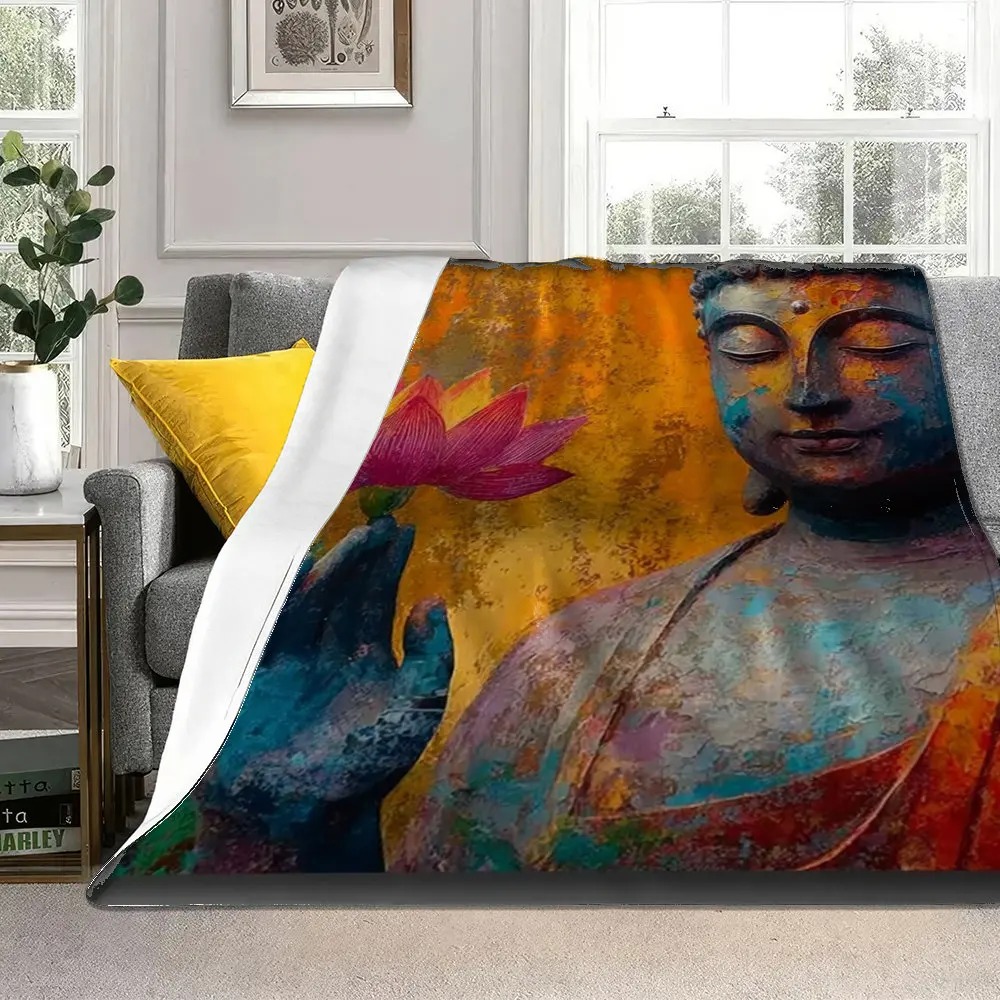 Retro Buddha Lotus Flower Flannel printed blanket suitable for all seasons suitable for living room office sofa and travel