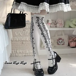 New Vintage Bow Cotton Lolita Socks Women's Autumn Warm Uniform Mid-Calf Socks Cross Lines Thick Japanese Leg Shaping Knee Socks