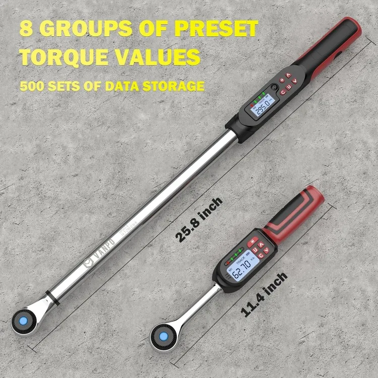 3/8" (3.1-62.7Ft.lb/4.2-85Nm) & 1/2" (14.7-295Ft.lb/20-400Nm) Electronic Torque Wrench Set with Buzzer, LED Indicator, Preset