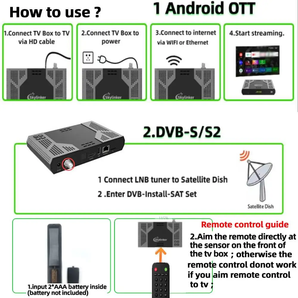 Skylinker Z8 4K Android DVB-S2 Hybrid TV Box 5G Wifi 2+16GB OTT+DVB-S/S2 FTA Decoder Digital Satellite TV Receiver Set-top Box