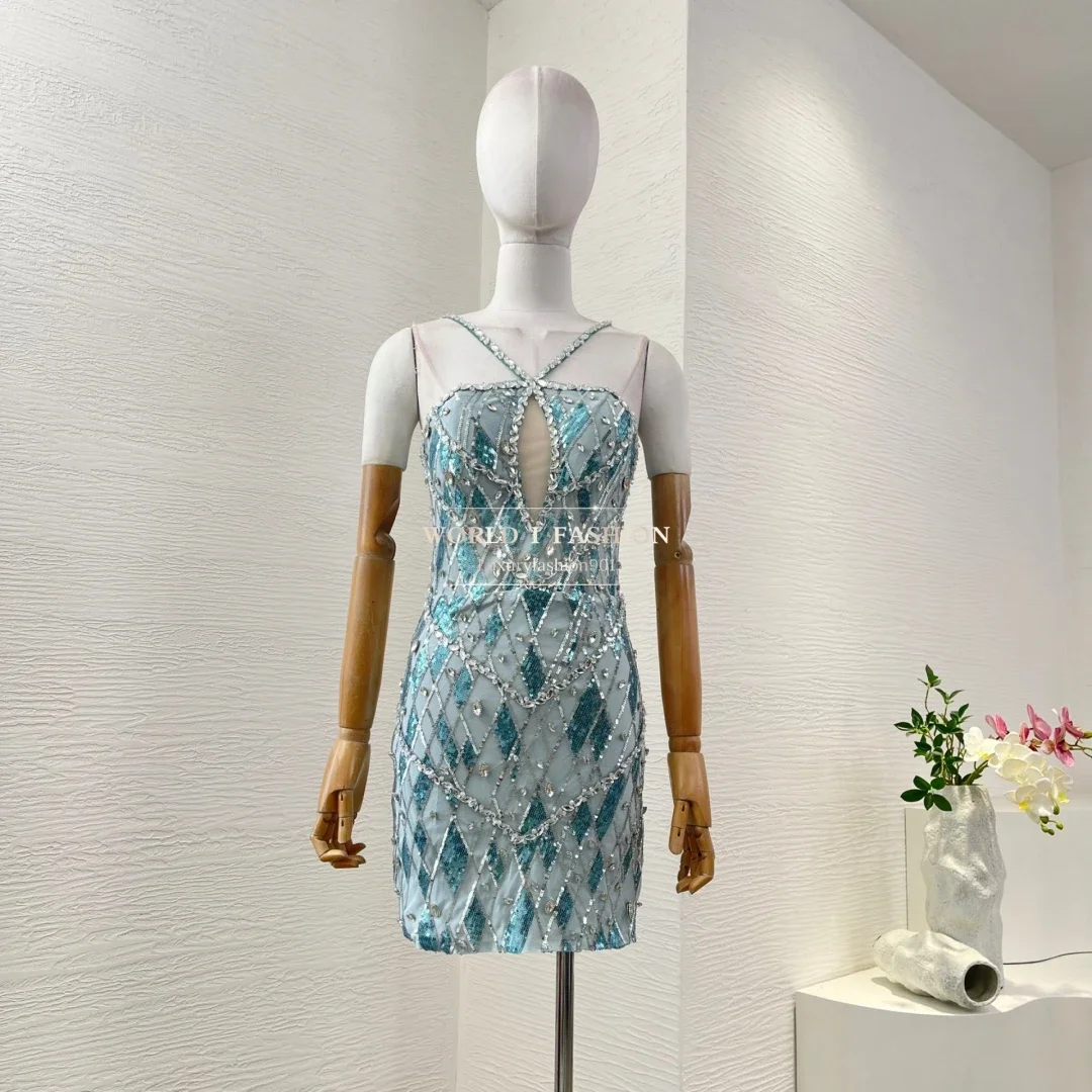 

2025 Women's Fashion Blue Sleeveless Diamonds Sequin Mini Summer Dress