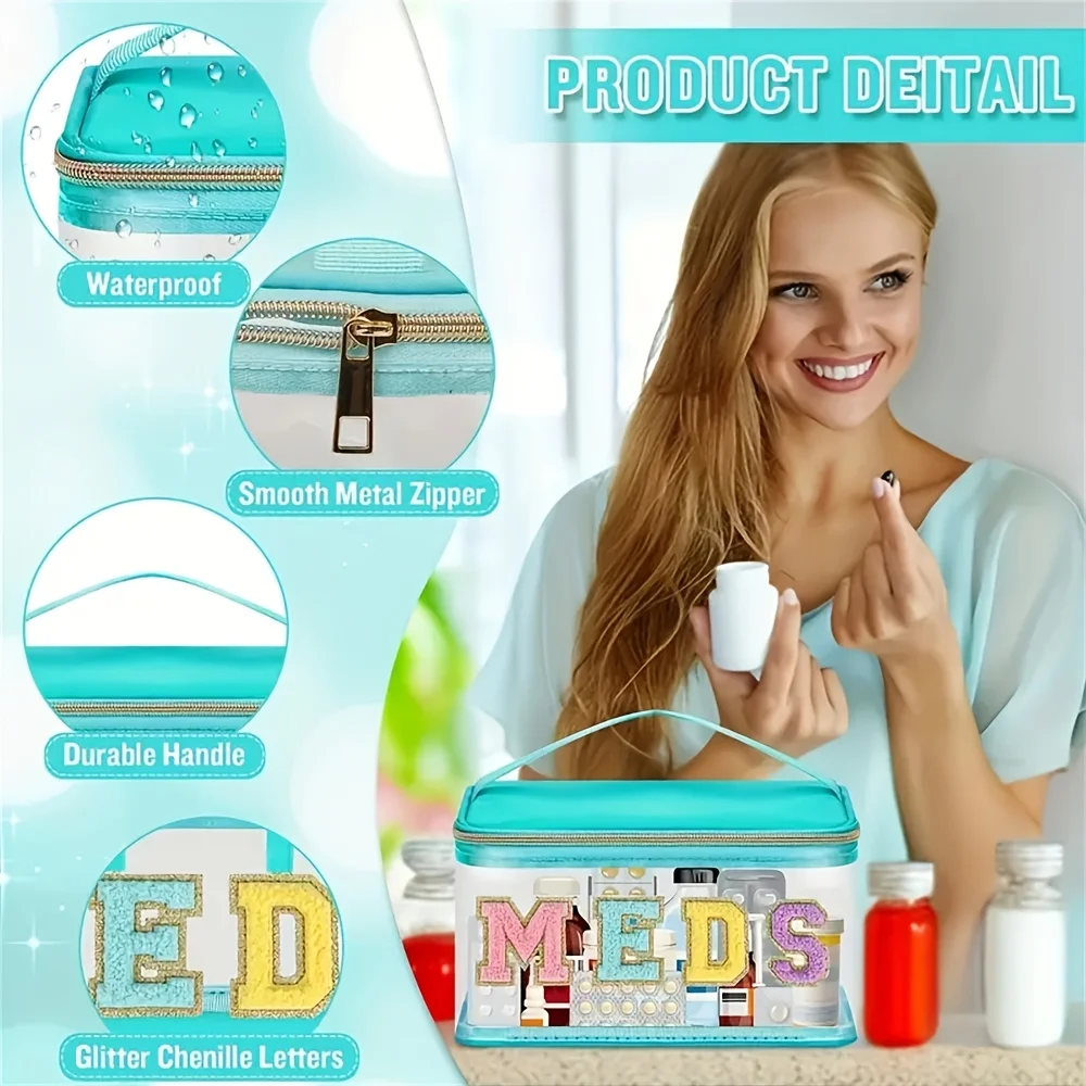 حقيبة أدوات الزينة ذات رقعة حروف من الشنيل، حقيبة مكياج MEDS، حقيبة تخزين طبية شفافة للسفر مع مقبض منظم مستحضرات التجميل