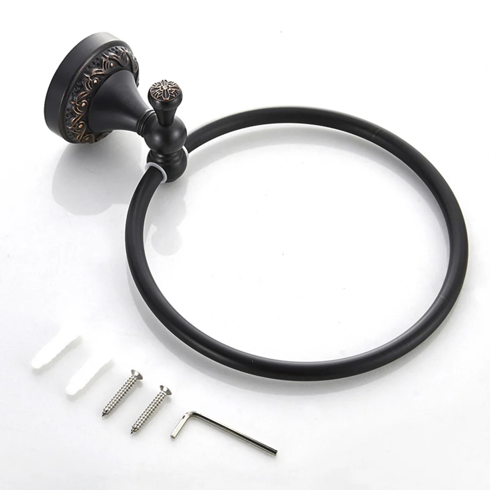 

Vintage Bathroom Ring Mounted Holder Black Hooks Plated Durable Towel Ring Install Drilled Screws