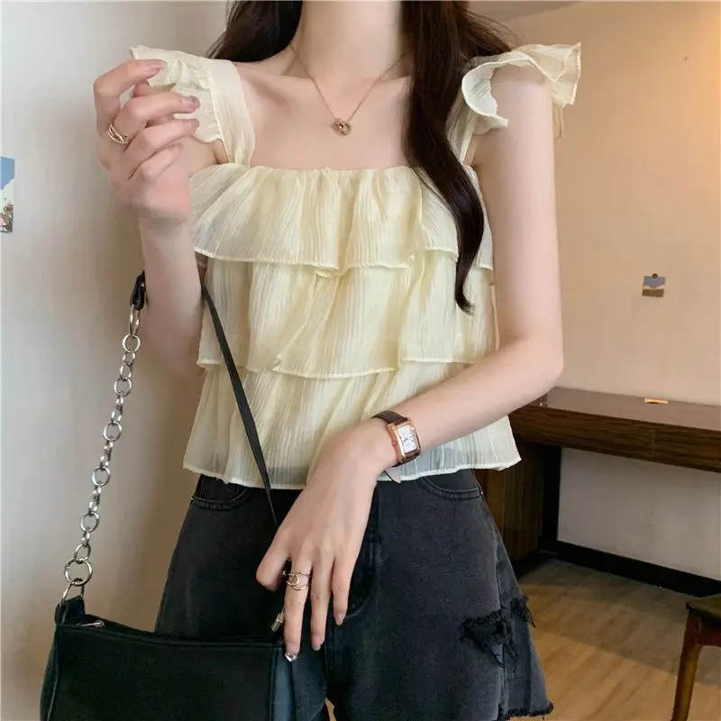 

Summer Women's Chiffon irt Loose Fit Svel Slimming Sexy Faionable Anti-Aging Outerwear Top Square Collar ort Length