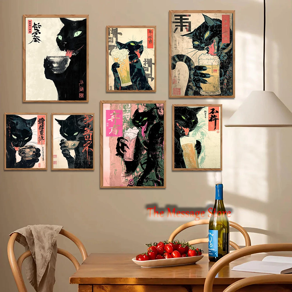 Japanese Lifestyle In Japanese - Arte Japonés con Gatos Divertidos Bebiendo,