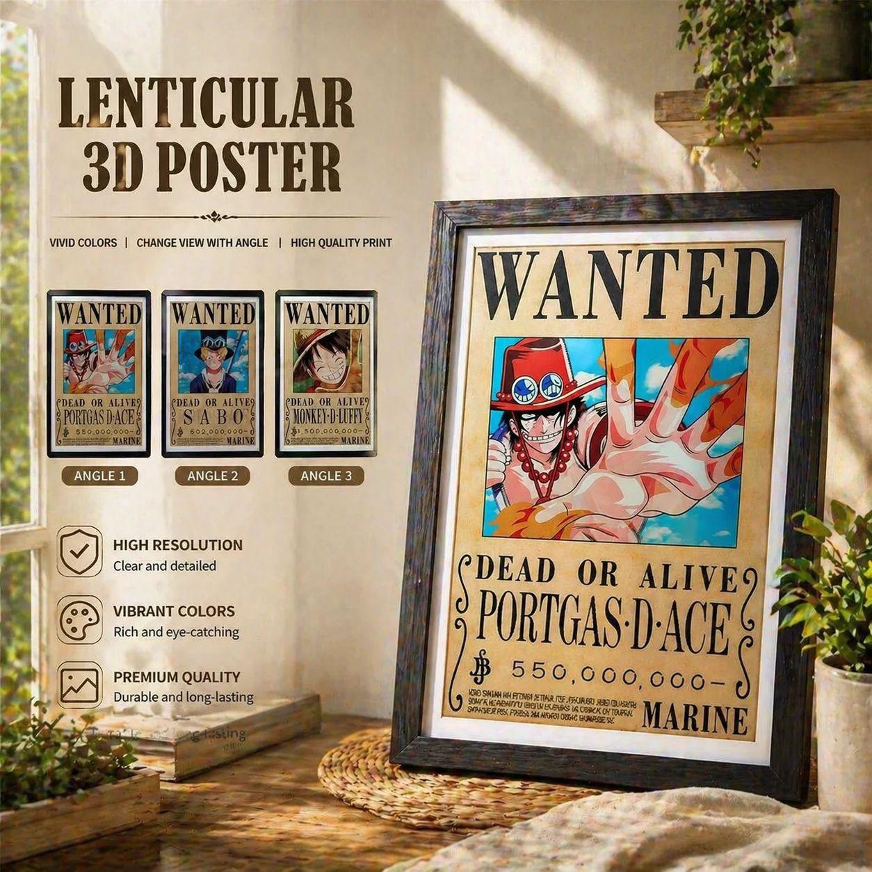Einteilige 3D-Lentikular-Poster-Kunstdrucke – Luffy, Ace und Sabo Poster für die Raumdekoration (ungerahmt)