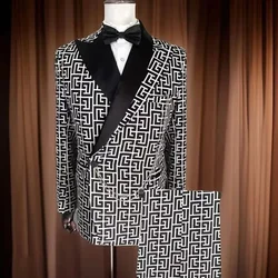 White Plaid Double Breasted Luxury Men Suits Slim Fit Wedding Business 2 Piece Jacket Pants Tailor Male Clothing Blazer Sets