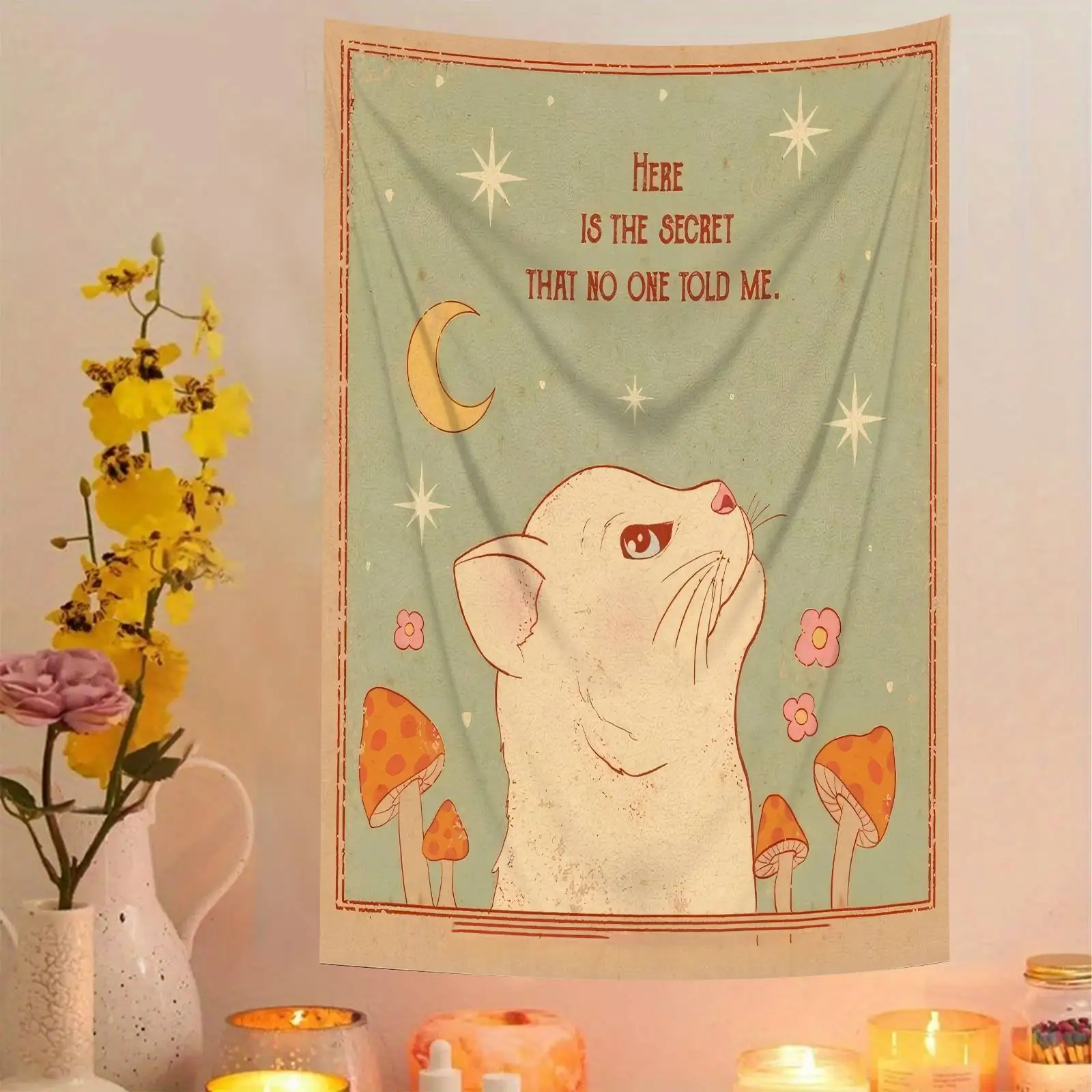 Whimsical Cat & Mushroom Tapestry - Large Wall Hanging with Inspirational Quote, Pastel Sky Design, Perfect for Bedroom