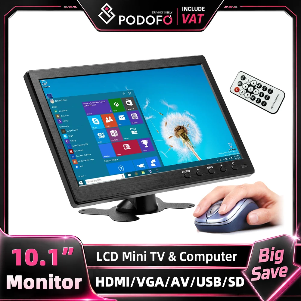 Podofo Slim 10,1 Zoll HD LCD Kopfstützenmonitor UV-geschütztes digitales Display mit HDMI-, VGA-, AV-, USB- und SD-Schnittstelle für Rückfahrkamera-Überwachung, TV, DVD und Multimedia-Wiedergabe