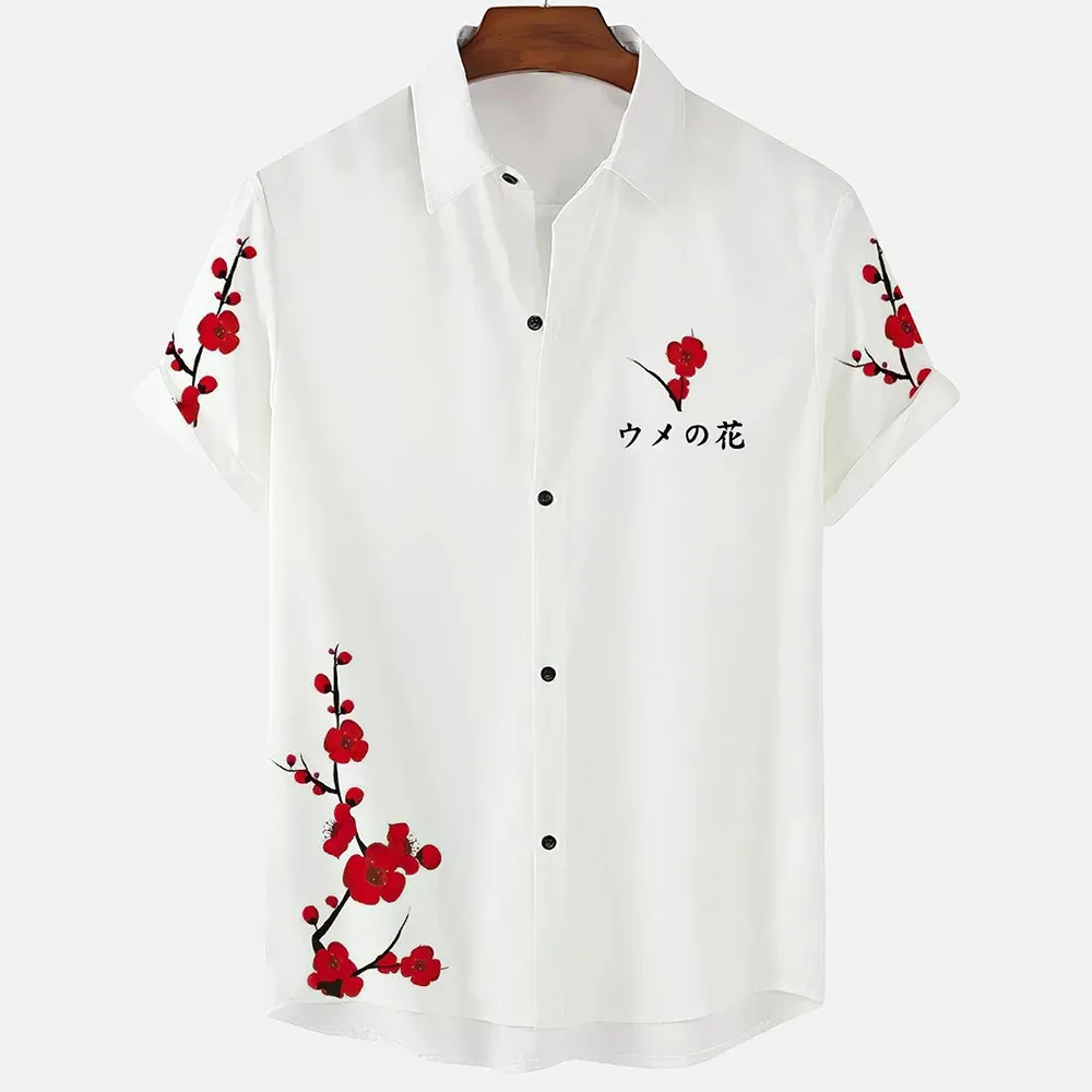 Pure White Simple Design Cherry Blossom Print Men\'s Casual Short Sleeve Shirt Summer Floral Casual Vacation Men\'s Top Oversized