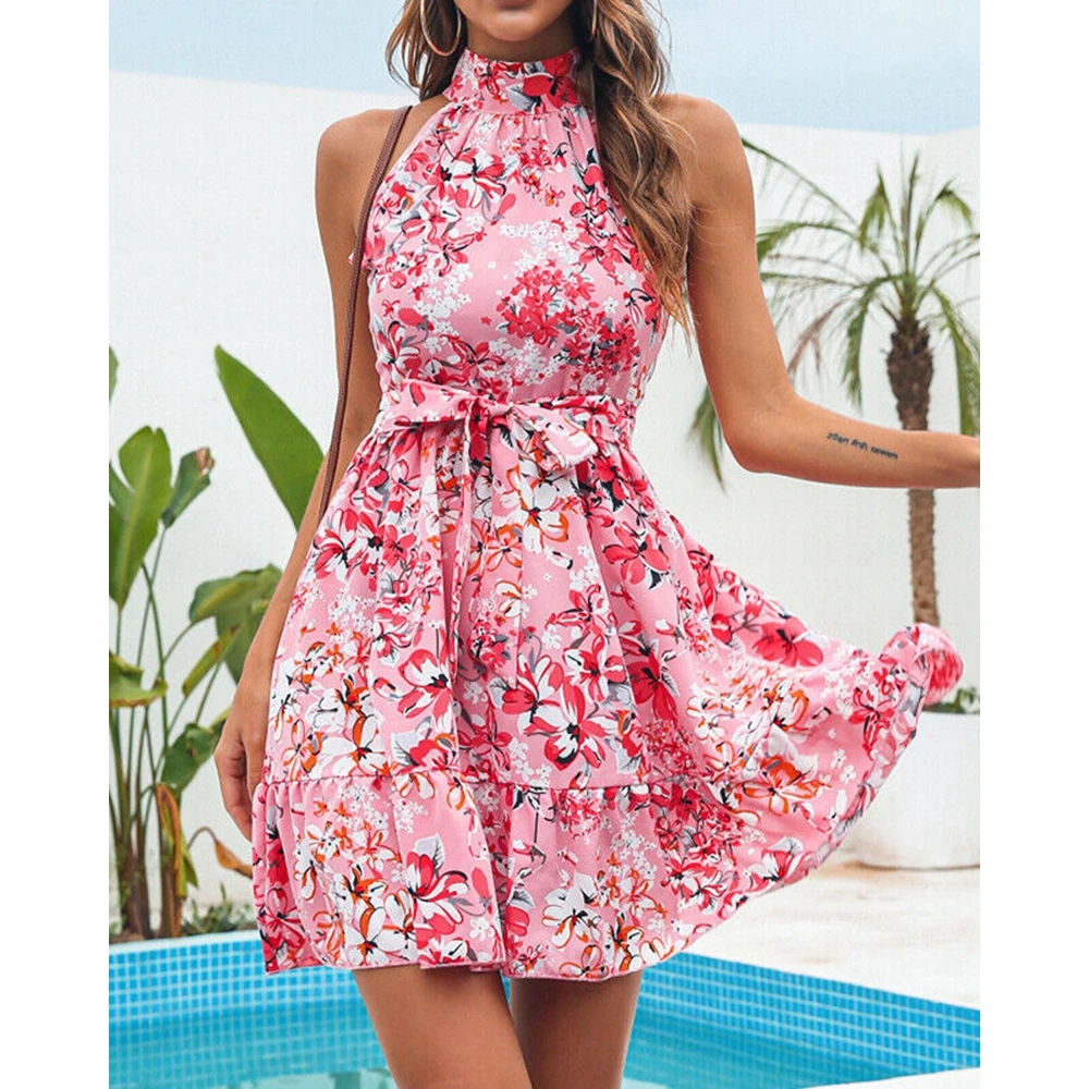 Summer Women Floral Print Tied Detail Sleeveless Dress Fashion Mock Neck Ruffle Hem Mini Short Dresses Femme Street Outfits Y2k