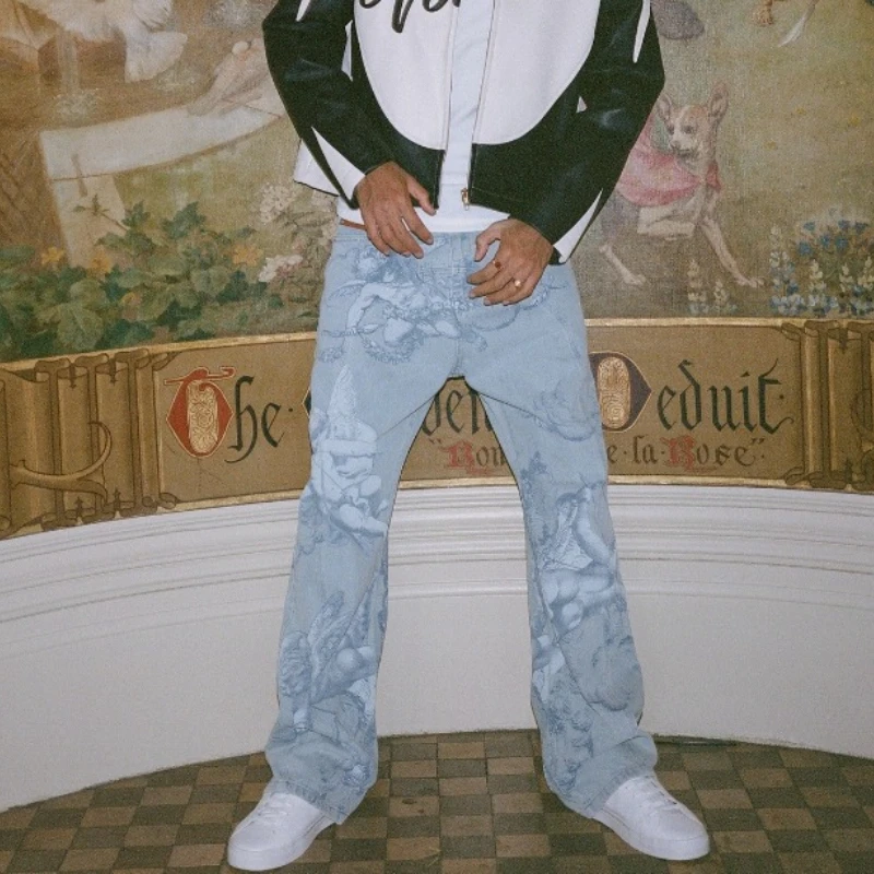 Arte clássico padrão colossal anjo jeans y2k moda calças jeans retro gótico hip hop harajuku streetwear das mulheres dos homens calças largas