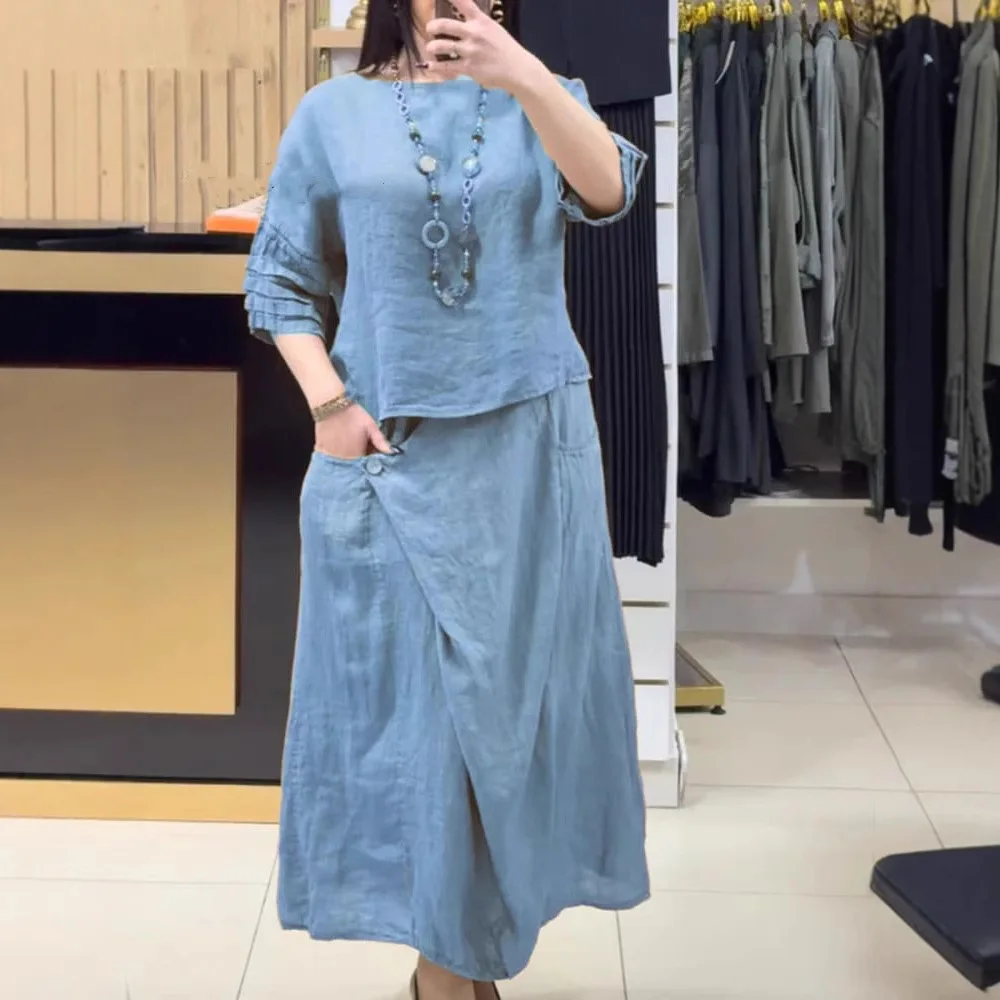 

Повседневный топ с круглым вырезом, пуловер и юбки трапециевидной формы, хлопковый льняной комплект, женский свободный наряд с короткими рукавами, весенний винтажный костюм Harajuku