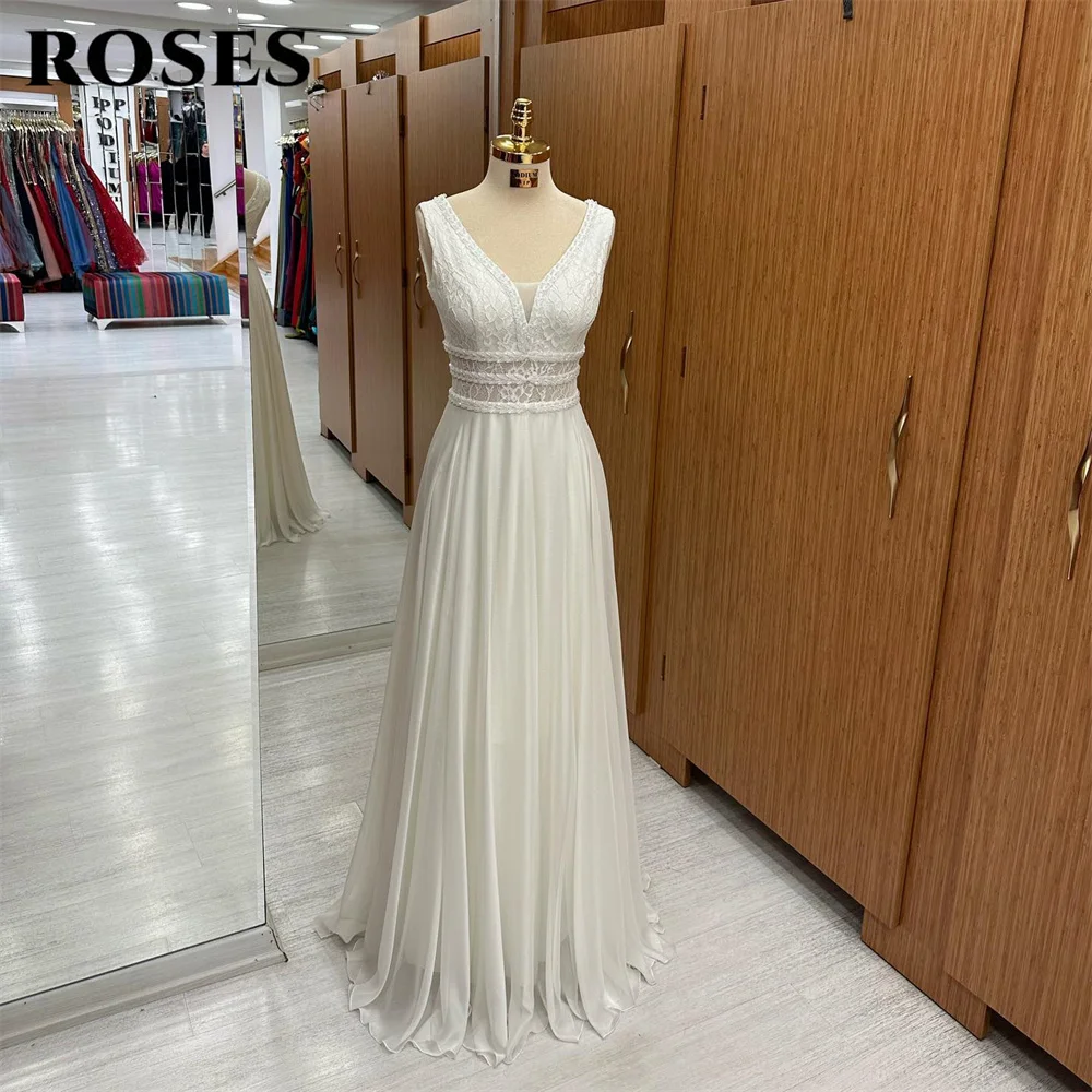 

ROSES White فستان سهرة V-Neck Lace Prom Dress Sleeveless Chiffion Evening Dresses With Pleats Beading Tank Beach Party Dress