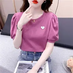 Waffle Bubble Sleeves Short Sleeved T-shirt Women's Summer New Fashion Solid Round Neck Print Patchwork Korean Simple Thin Top