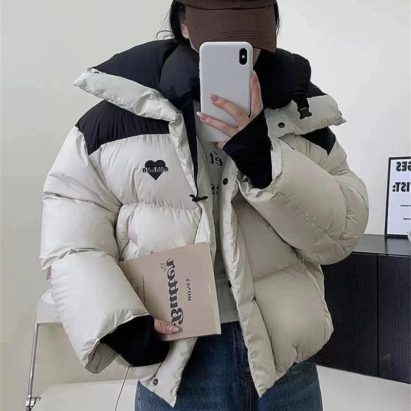 Color Collision Puffer Coats Short Jackets for Women Love Pattern Bread Clothing Stand-up Collar Outerwear Thick Down Jackets