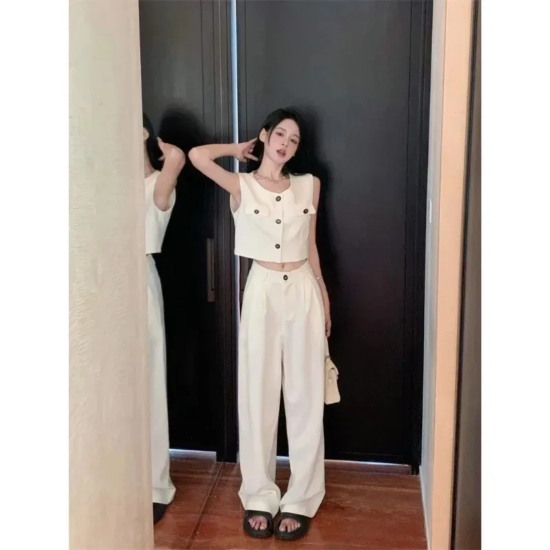 Temperament Casual Vest Wide Leg Pants Two-piece Set Women O-neck Sleeveless Single Breasted Solid Slim Summer Chic Lady Suit