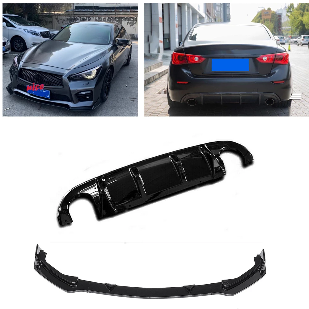 

Gloss Black/Carbon Fiber Look Rear Diffuser Lip+Front Bumper Spoiler Splitter Protector For Infiniti Q50 Sport Model 2014-2017