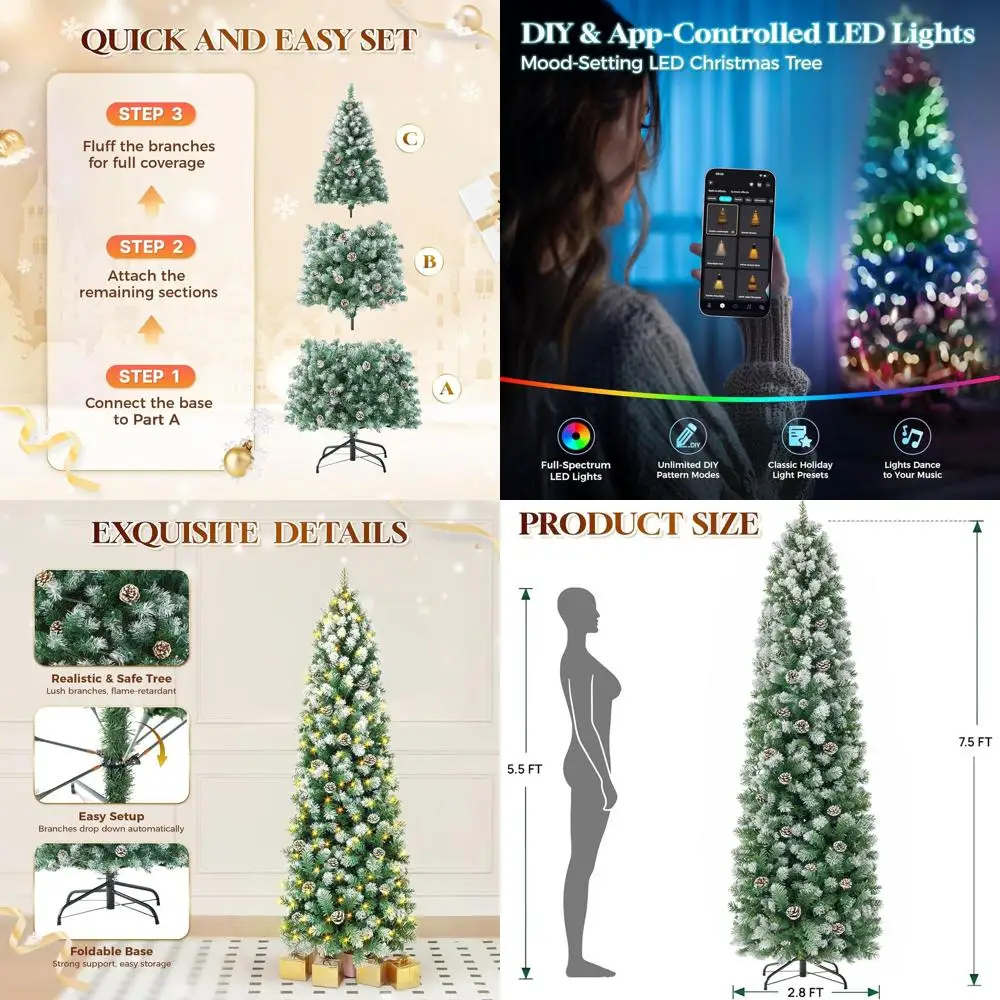 

Рождественская елка тонкого карандаша с предварительной подсветкой, 7,5 футов, светодиодной подсветкой 304, многоцветная RGBW с управлением через приложение, 950 матовых наконечников и 72 сосны C