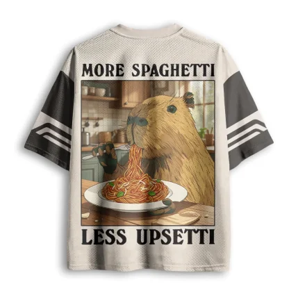 Capybara Eating Spaghetti Graphic Mesh Jersey V Neck Short Sleeve Tee