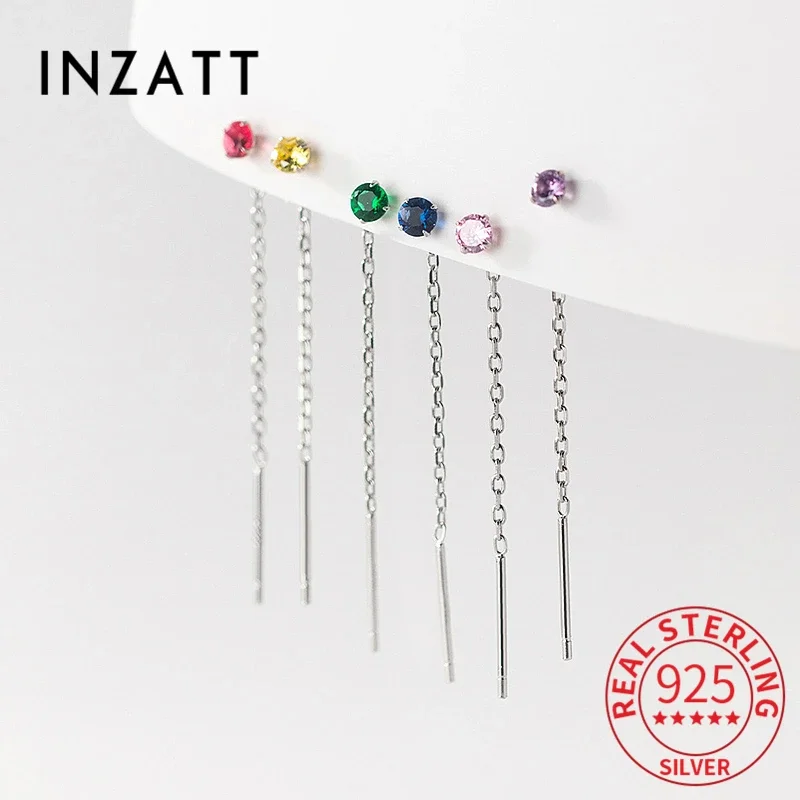 INZATT Real 925 Sterling Silver Zircon Round Short Tassel Stud Earrings For Women Classic Fine Jewelry Minimalist Accessories