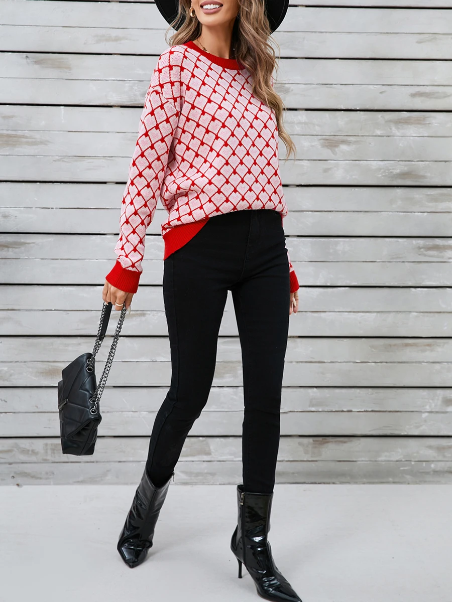 Women s Argyle Heart Print Sweaters Classic Long Sleeve Crew Neckline Loose Knit Pullover Tops