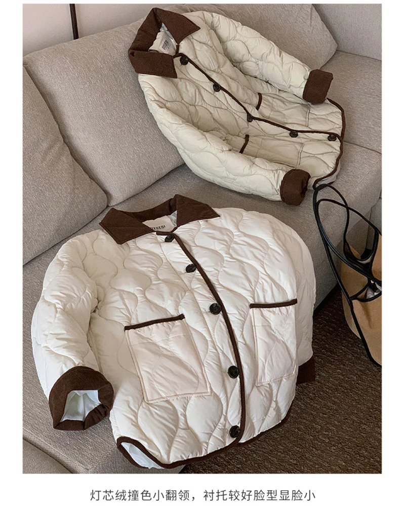 Autumn Down Cotton Padded Jacket Women's 2025 Contrast Lapel Rhombic Thin Short Loose Spring Cotton Padded Casual Coats Female