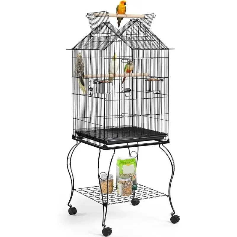 57-Inch Rolling Open Top Roof Bird Cage for Mid-Sized Parrots Cockatiels Caique Quaker Monk Indian Ring Neck Green Cheek Conure